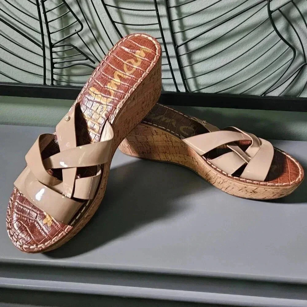 Sam Edelman |  Raynere Patent Cork Wedge Nude Slip On Sandals